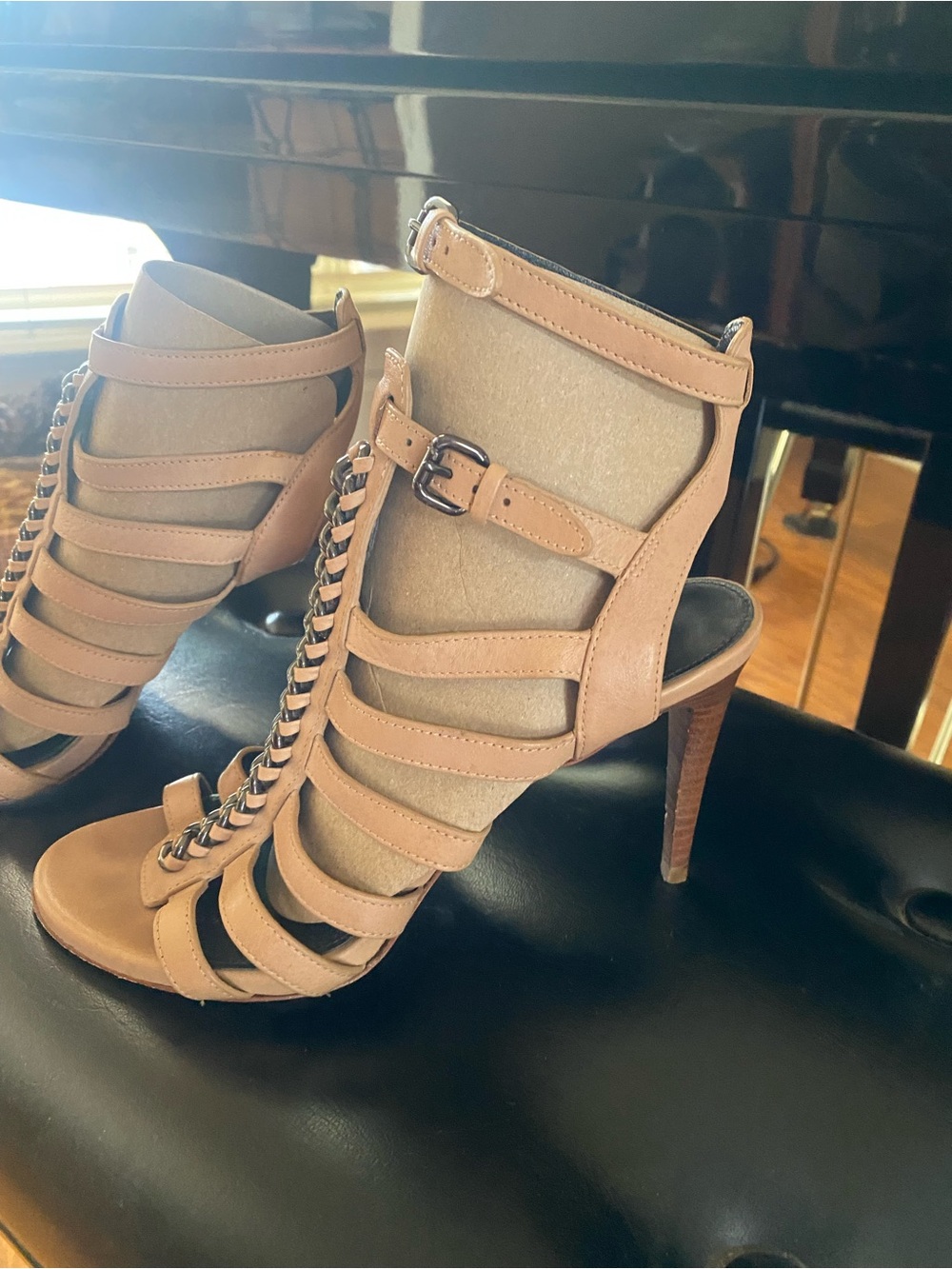 Coach Nude/Tan Strappy High Heel Sandals with Center Chain